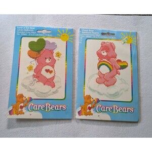 Care Bears Pink Cross Stitch Kit 5x7 39053 39062 Rainbow Balloon Hearts VTG lot